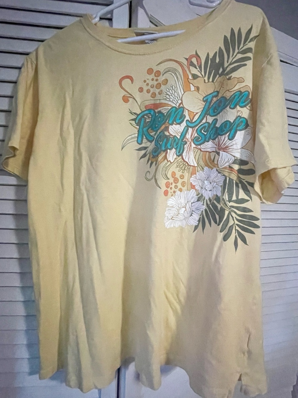 Ron Jon Surf Shop Yellow Graphic T-Shirt 2XL Tropical Floral Cursive Logo Tee